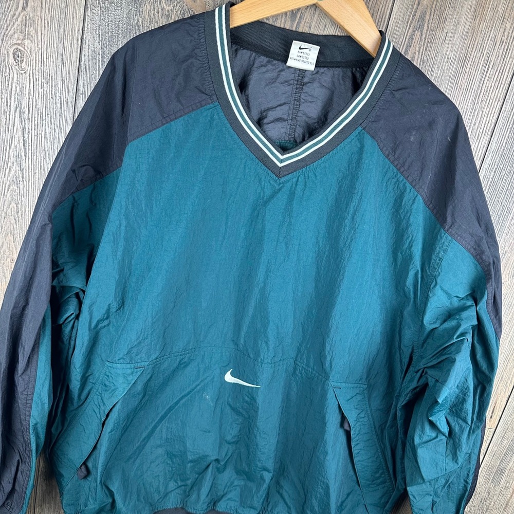Nike Vintage 90s Pullover Windbreaker Jacket Green Black V Neck Pockets Size XL